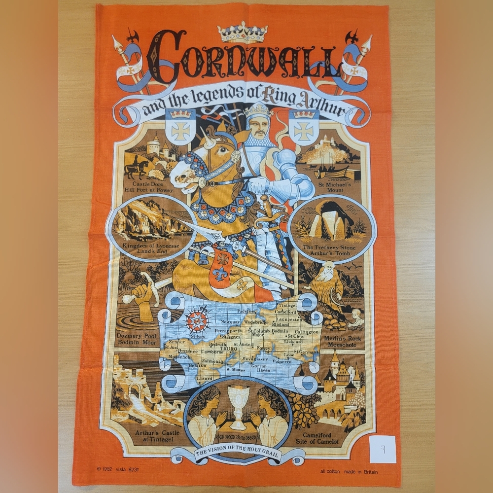 1982 Cornwall King Arthur Tea Towel – British Made, Arthurian Map